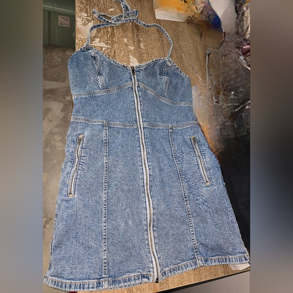 American Eagle AE Stretch Denim Jean Halter Mini Dress Zip Front Sz 12 or L - Picture 2 of 9